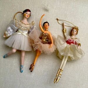 Vintage Christmas Tree Ornament Lot 3‎ ballerina Porcelain Resin Fabric